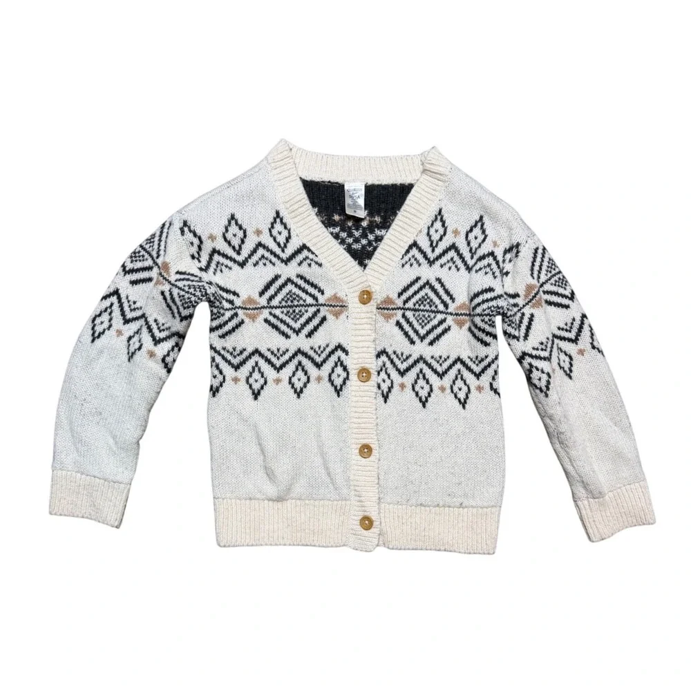 OshKosh B'gosh Cardigan Toddler 5T Fair Isle White Geometric Button EUC